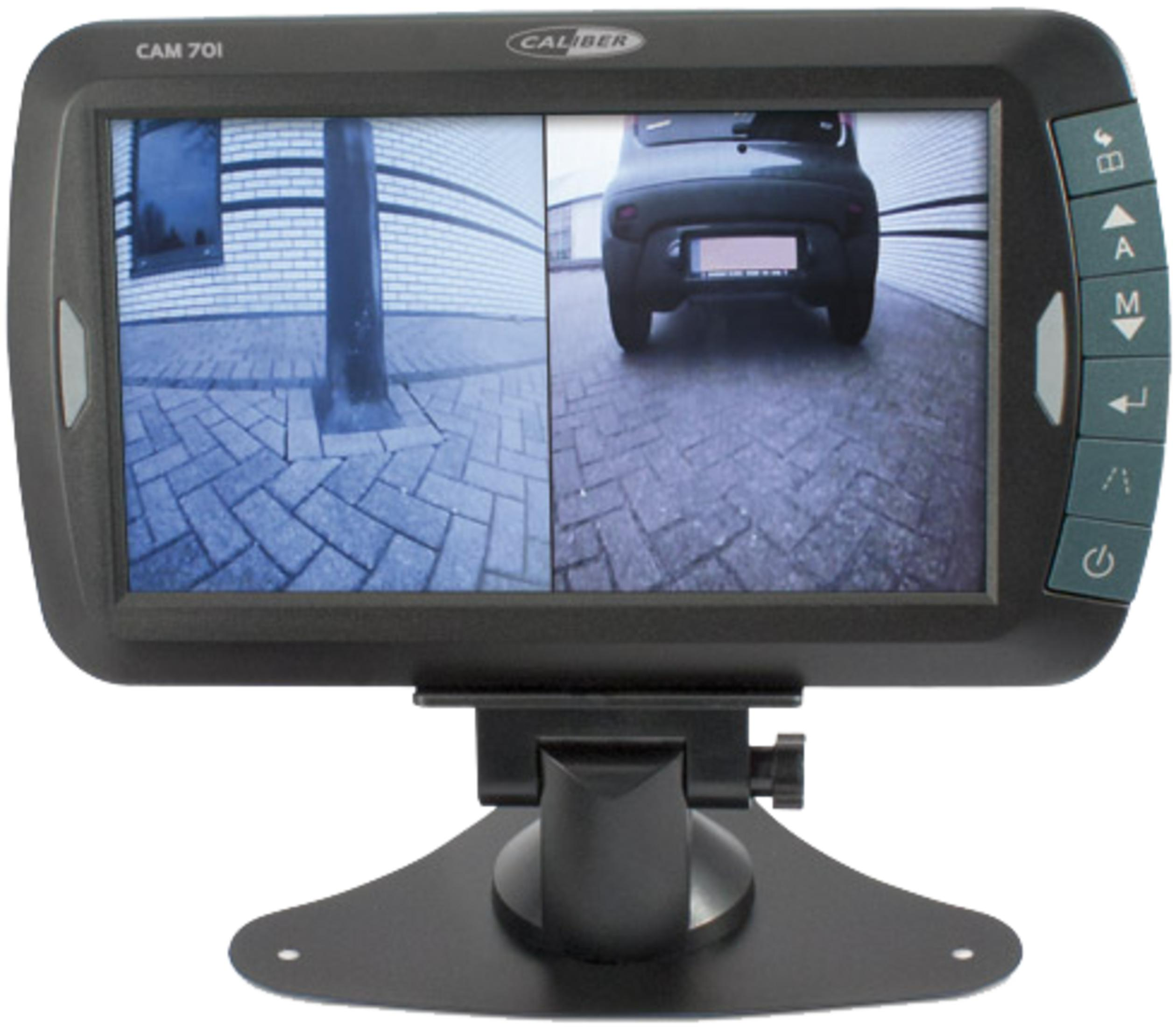 Ein Monitor zeigt zwei Kameras: links eine Einfahrt, rechts ein Auto.