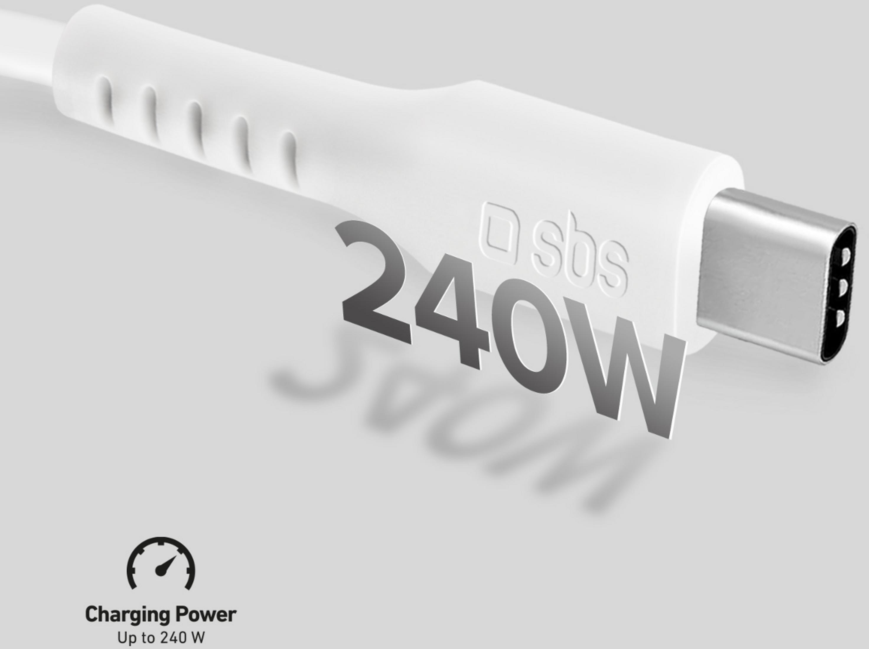 Een witte USB-C kabel met 240W tekst en een zilveren connector.