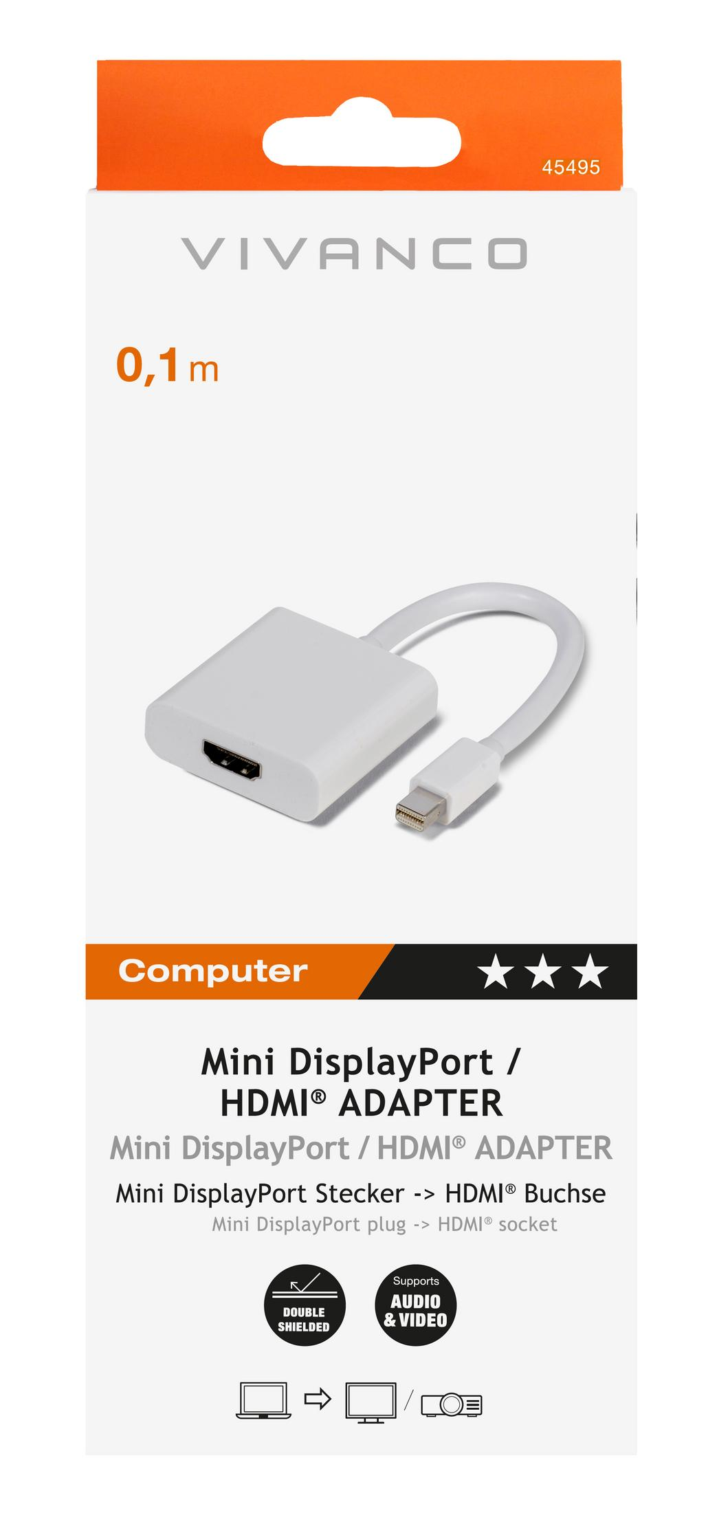 Un adaptador blanco Vivanco Mini DisplayPort a HDMI de 0,1m.