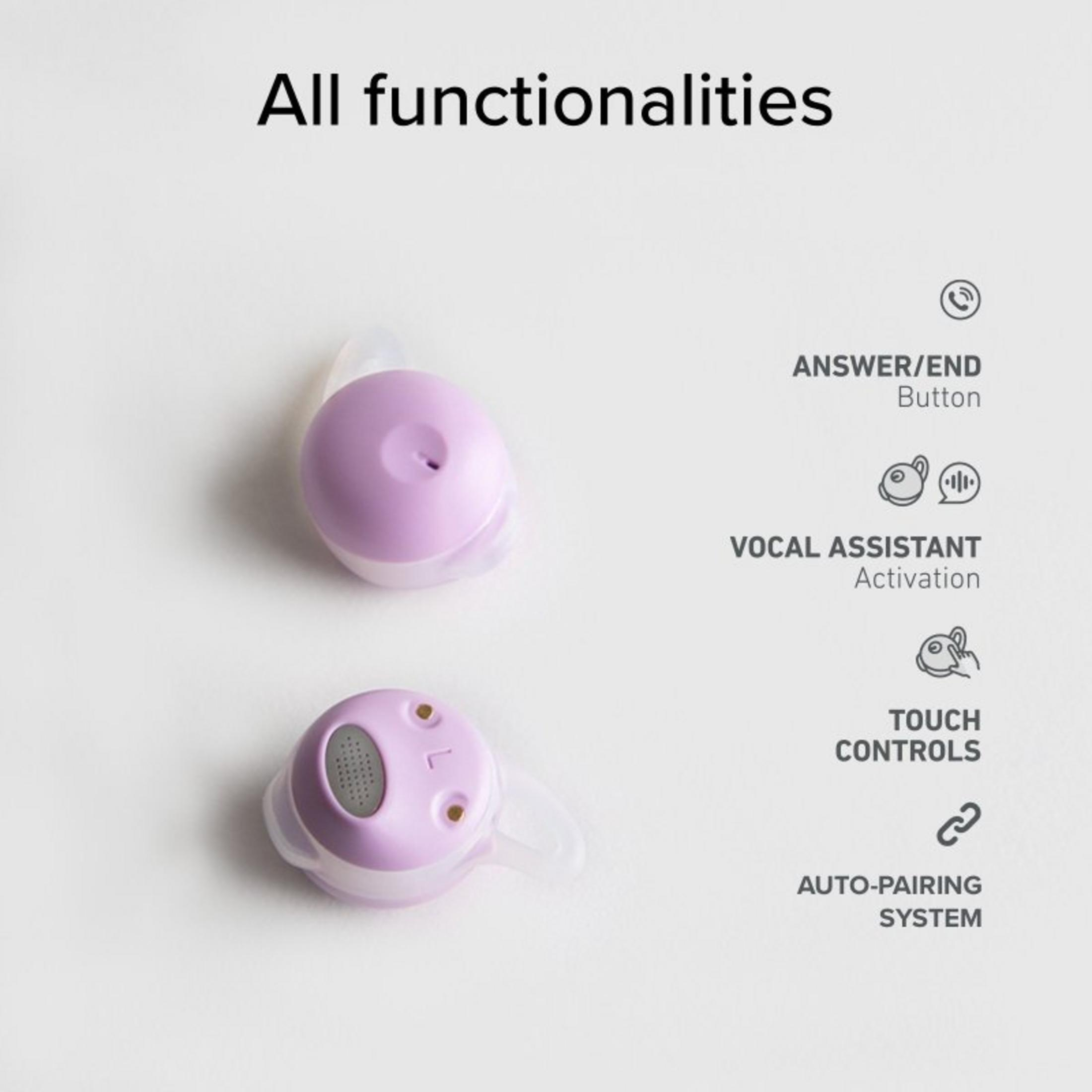 Due auricolari lavanda con controlli touch e icone.