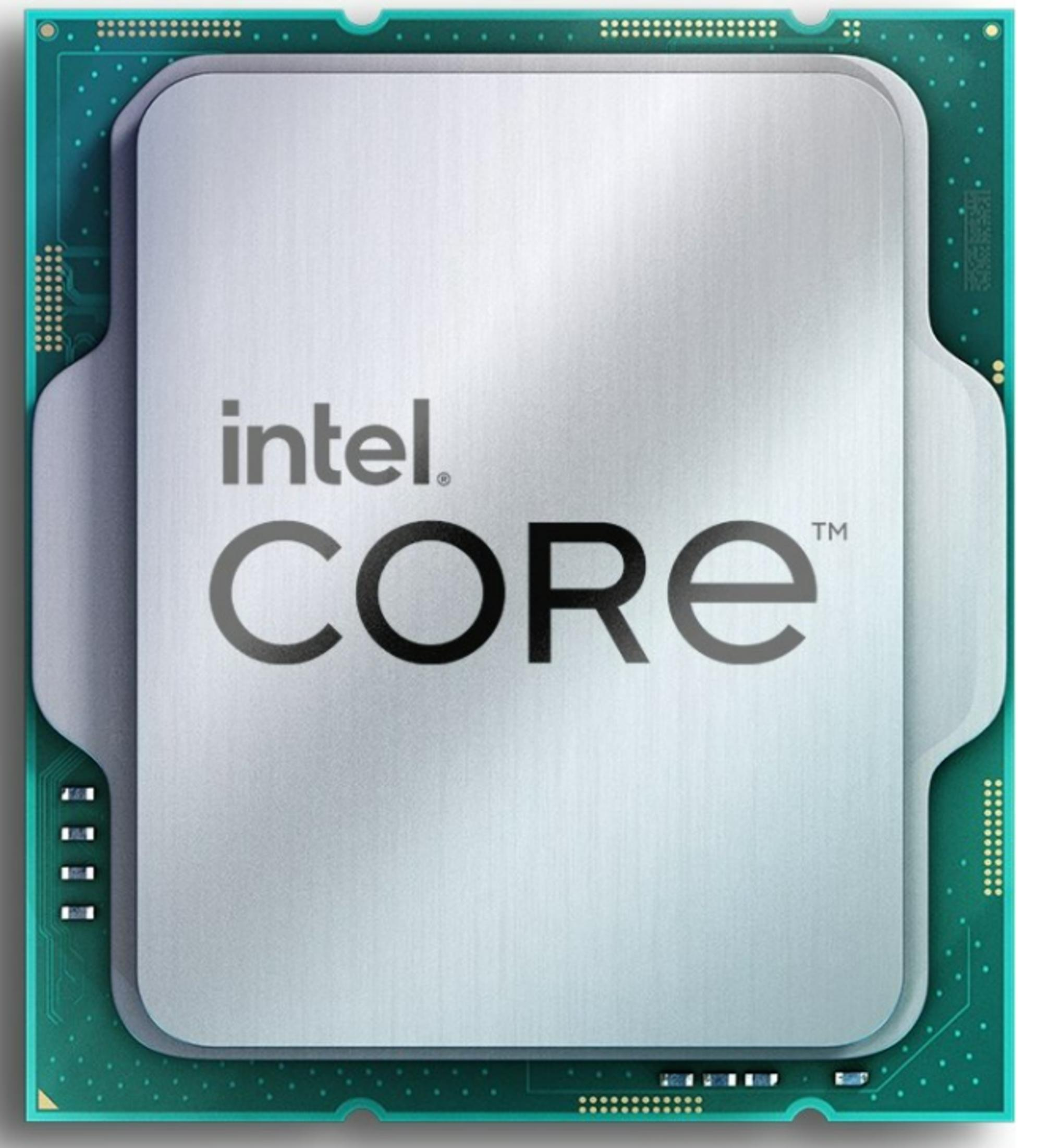 Srebrny procesor Intel Core z zieloną płytką drukowaną i złotymi pinami.