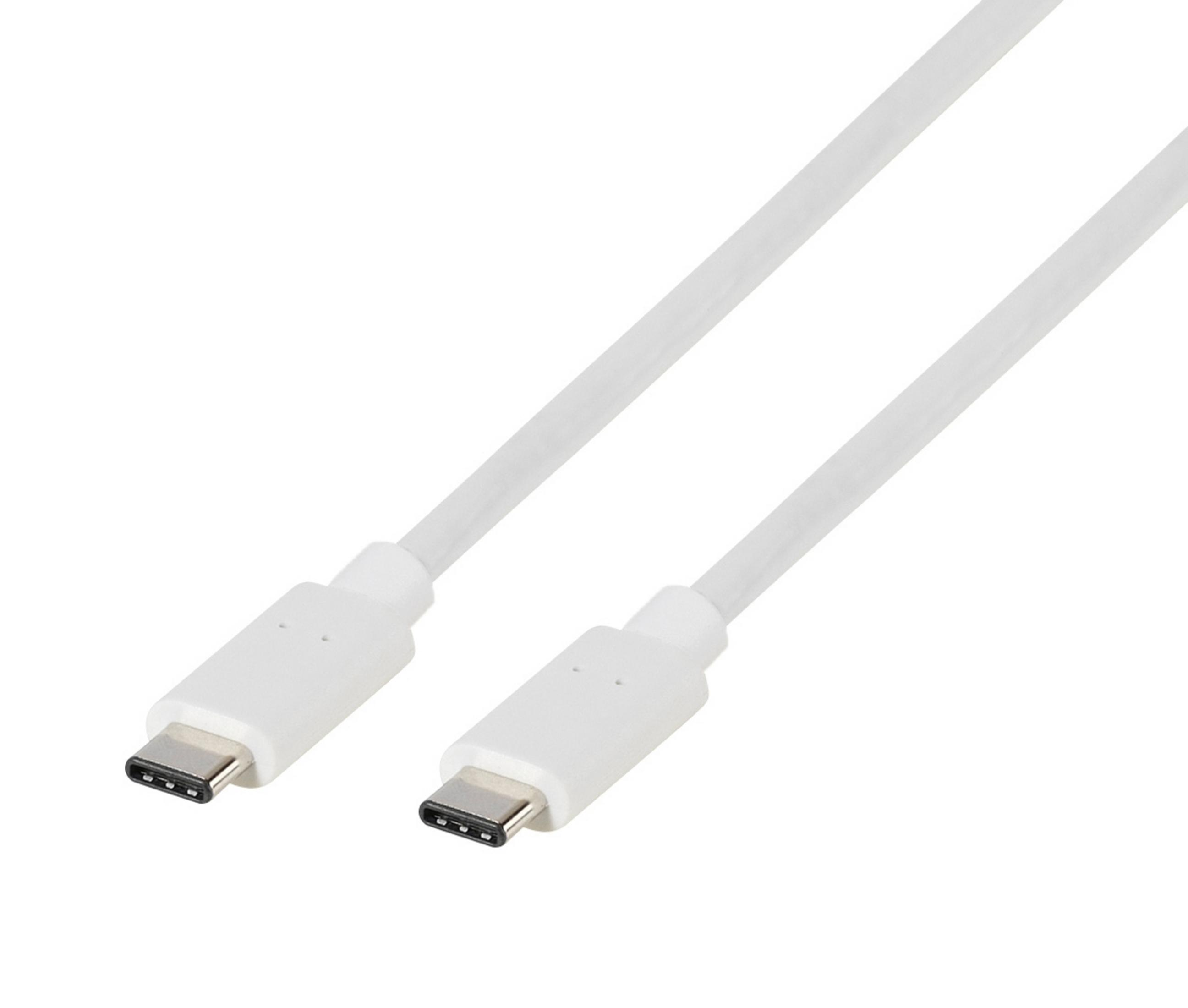 Dos cables USB-C blancos con conectores plateados sobre fondo blanco.