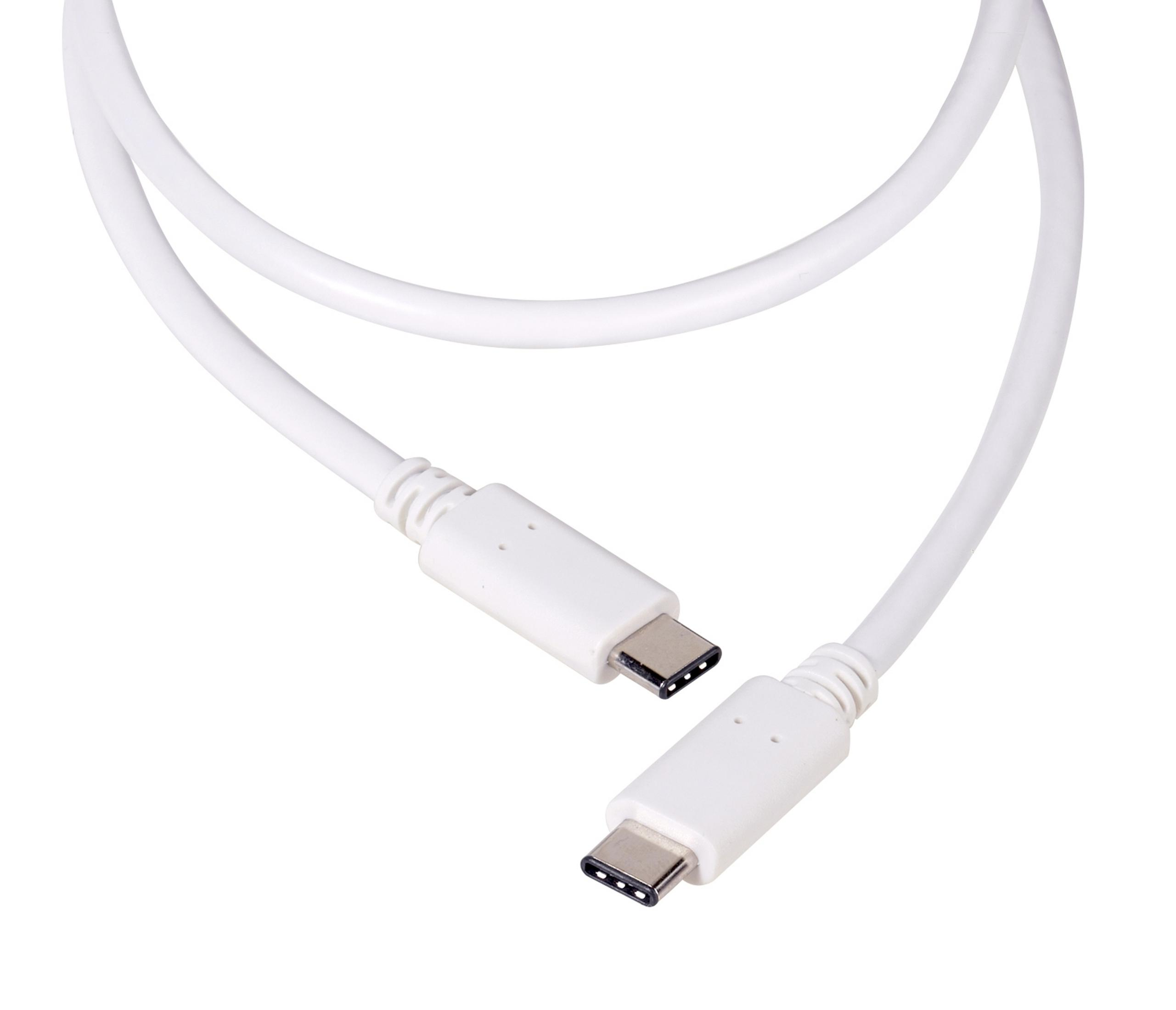 Un cable USB-C blanco con dos conectores, aislado sobre fondo blanco.