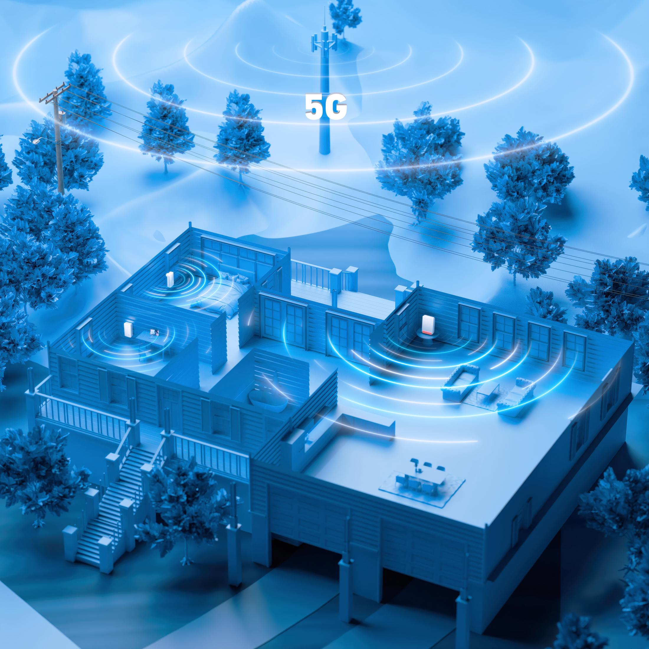 5G-signaal straalt over huis en bomen. Zender in de achtergrond.