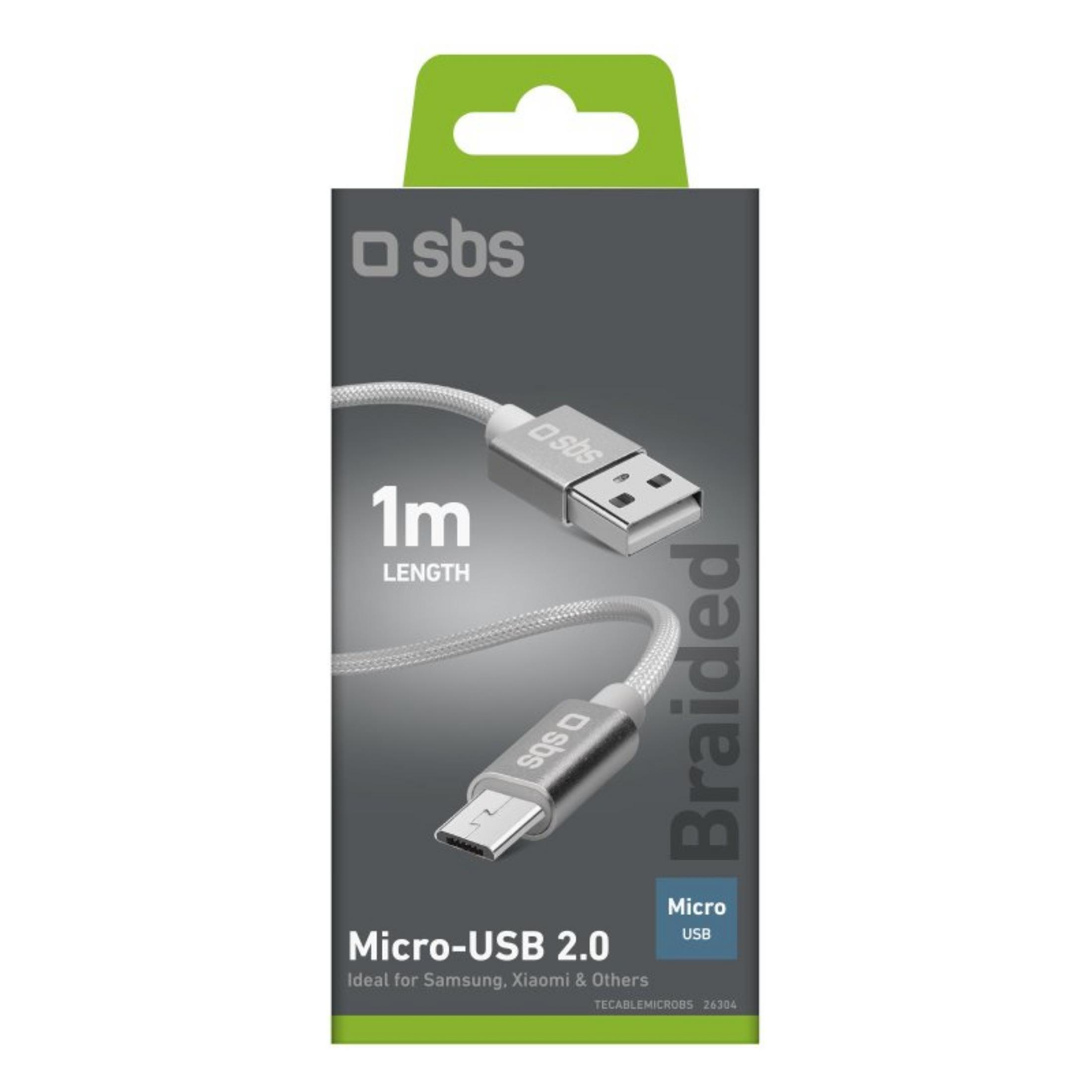 Cavo intrecciato SBS Micro-USB 2.0, lunghezza 1m, colore argento.