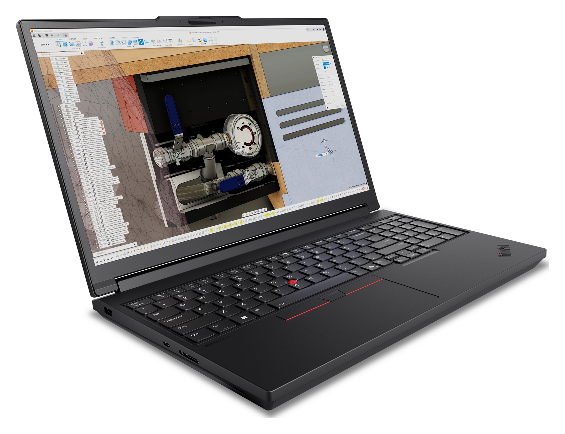 Un laptop nero mostra un progetto 3D di tubi idraulici e un manometro.