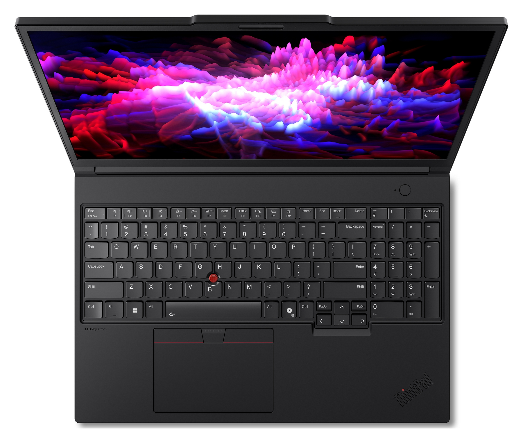 Un laptop nero con lo schermo aperto, che mostra un'immagine astratta e colorata.