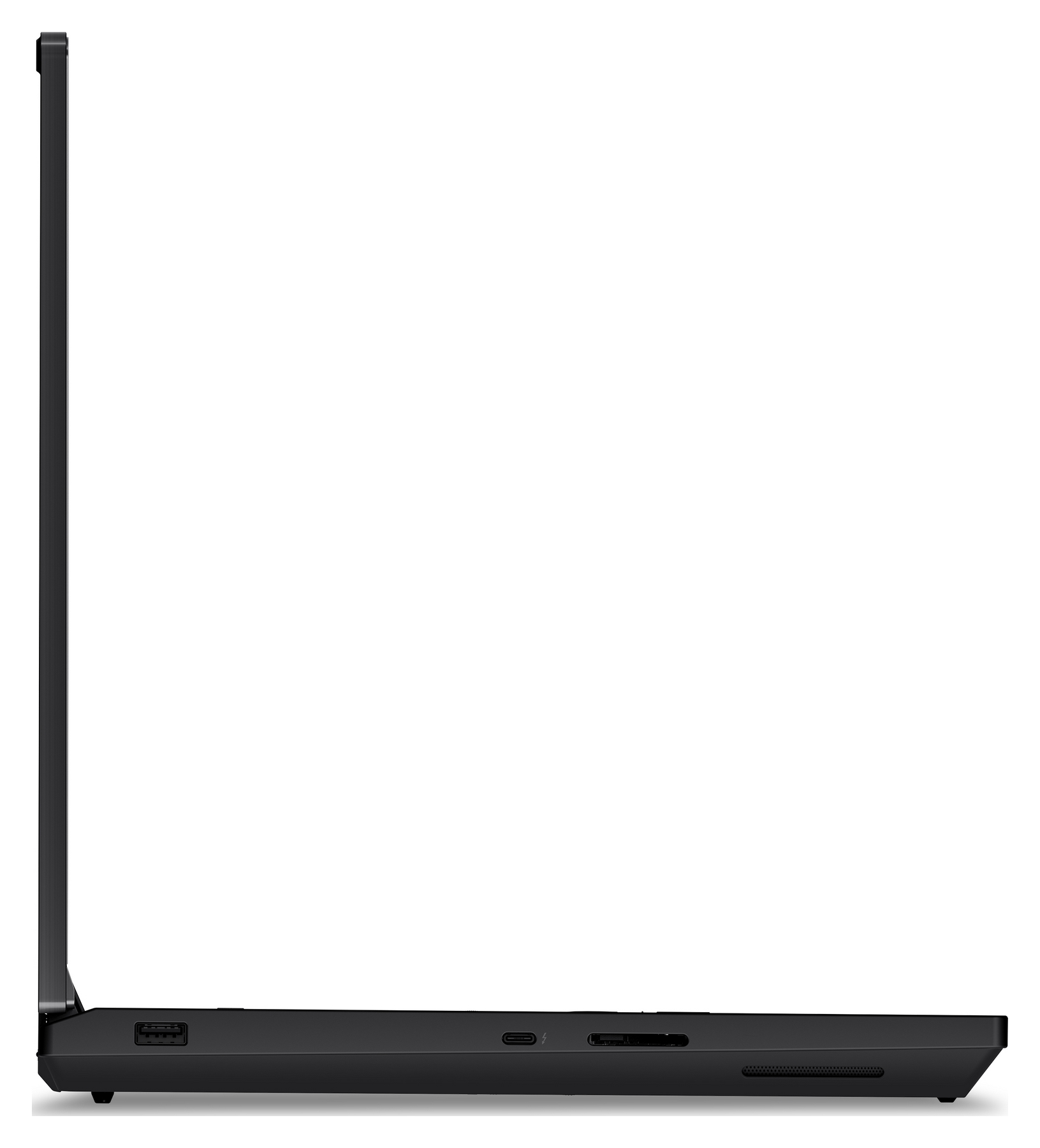 Lato di un laptop nero con porte: USB-A, USB-C/Thunderbolt, lettore schede SD.