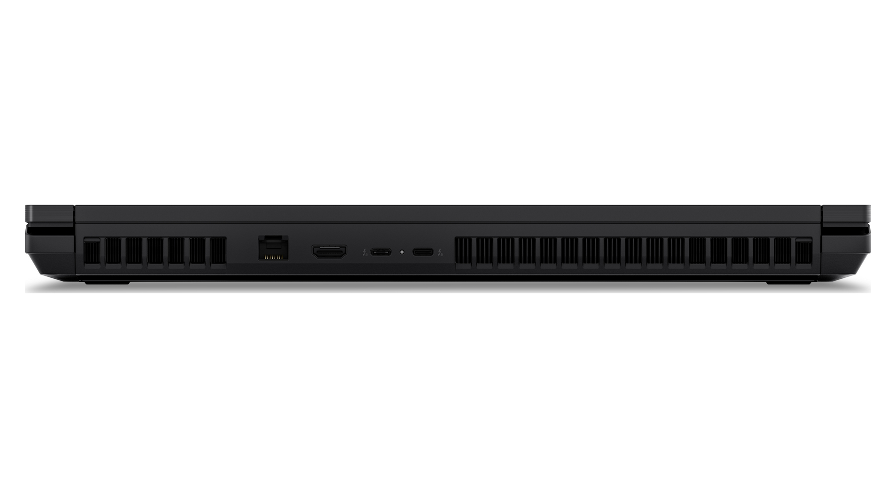 Lato di un laptop nero con prese d'aria e porte: Ethernet, HDMI, USB-C.