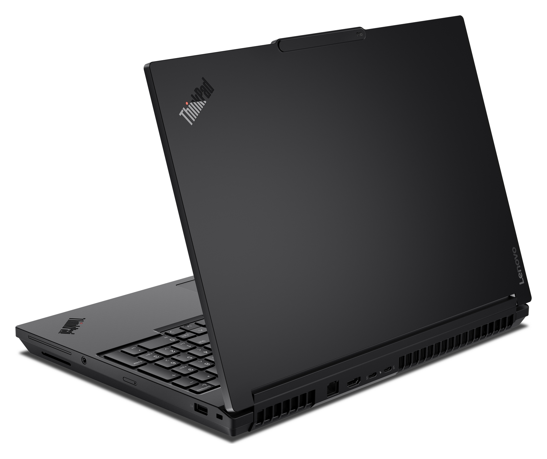 Laptop nero con coperchio aperto, tastiera e porte visibili. Logo ThinkPad.