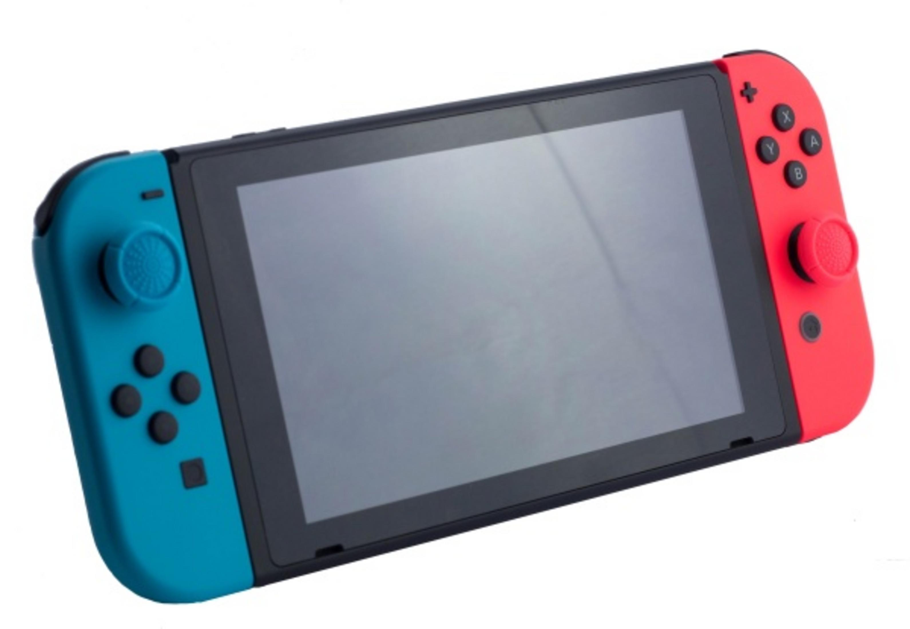 Una Nintendo Switch con Joy-Con rossi e blu.
