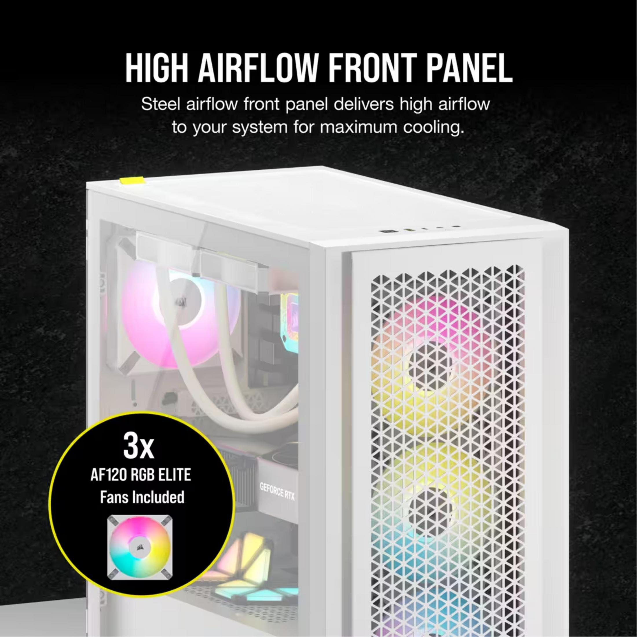 Biała obudowa PC z wentylatorami RGB i napisem "High Airflow Front Panel".