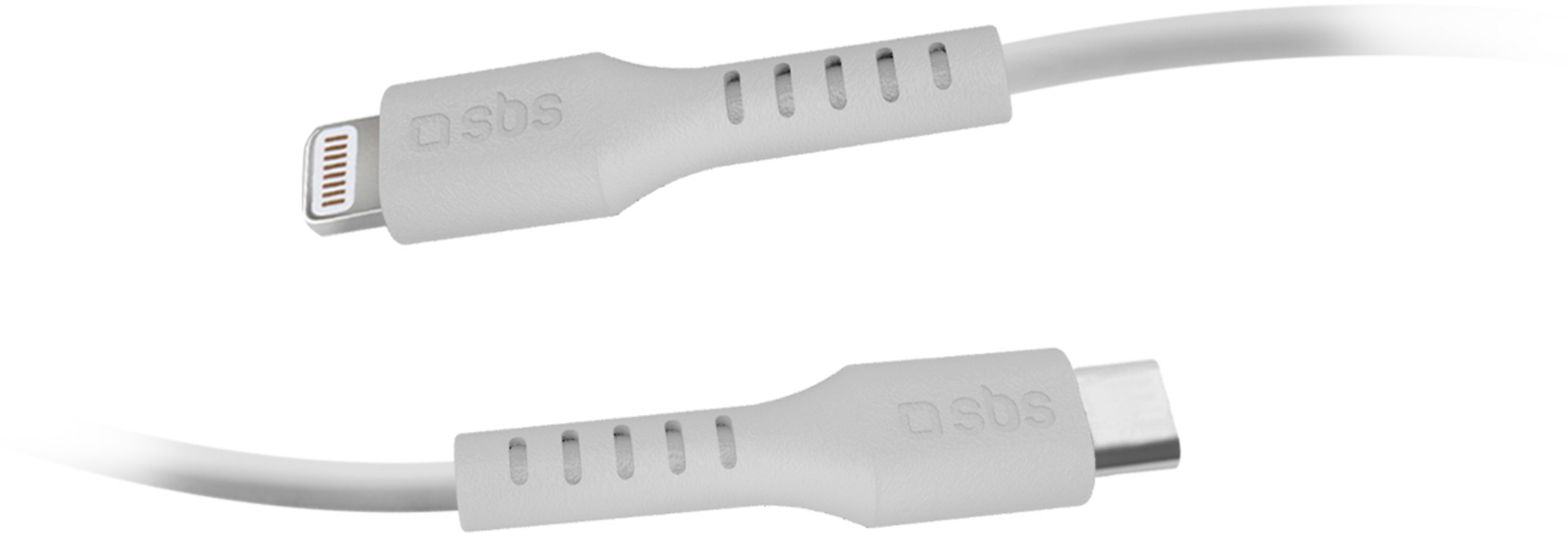 Un cavo di ricarica bianco con connettori Lightning e USB-C.