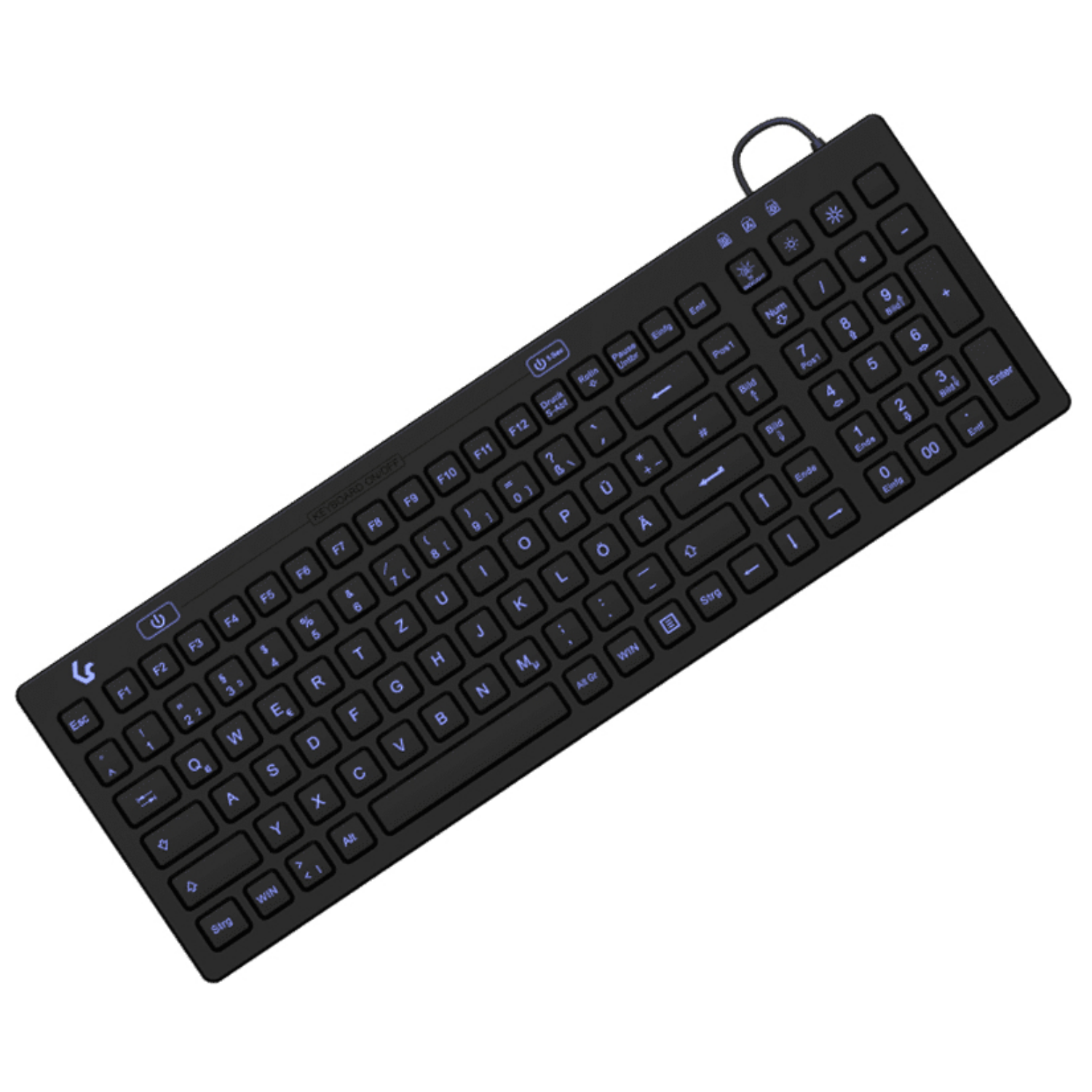 Teclado negro con iluminación azul y cable, sobre fondo blanco.