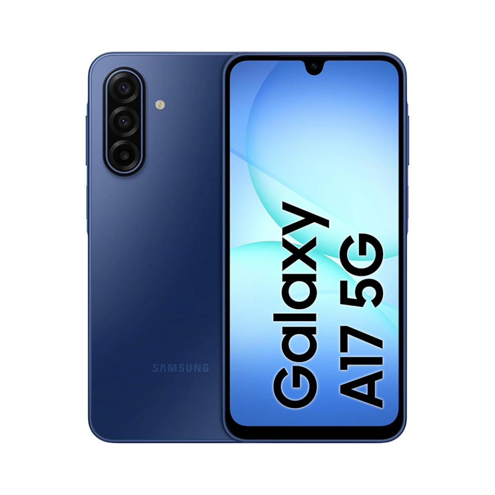 Üçlü kamera ve parlak ekranlı koyu mavi Samsung Galaxy A17 5G.