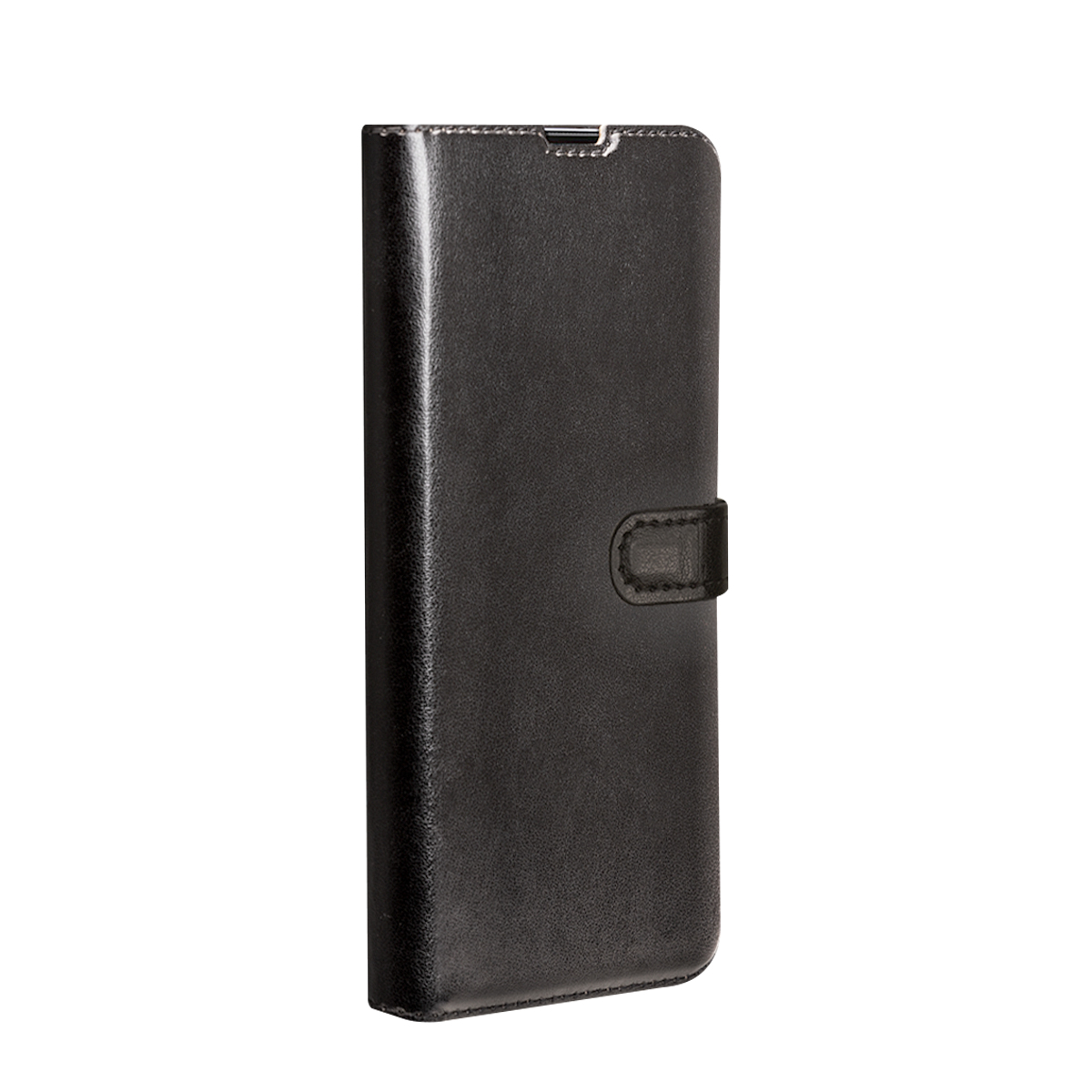 Una custodia a libro in pelle nera per smartphone, su sfondo bianco.