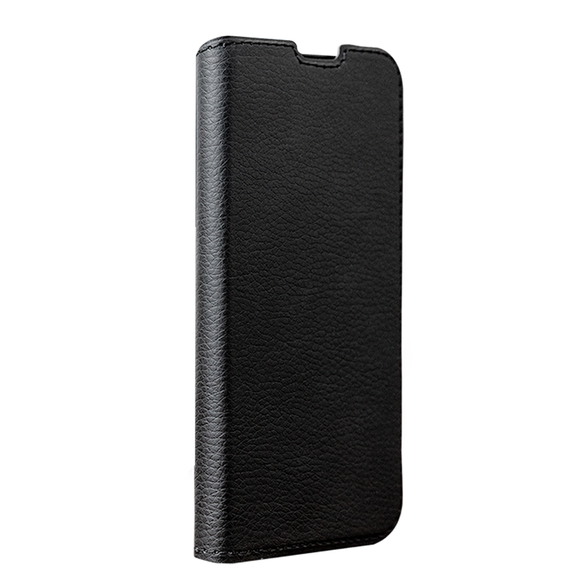 Custodia a libro in pelle nera per smartphone, su sfondo bianco.