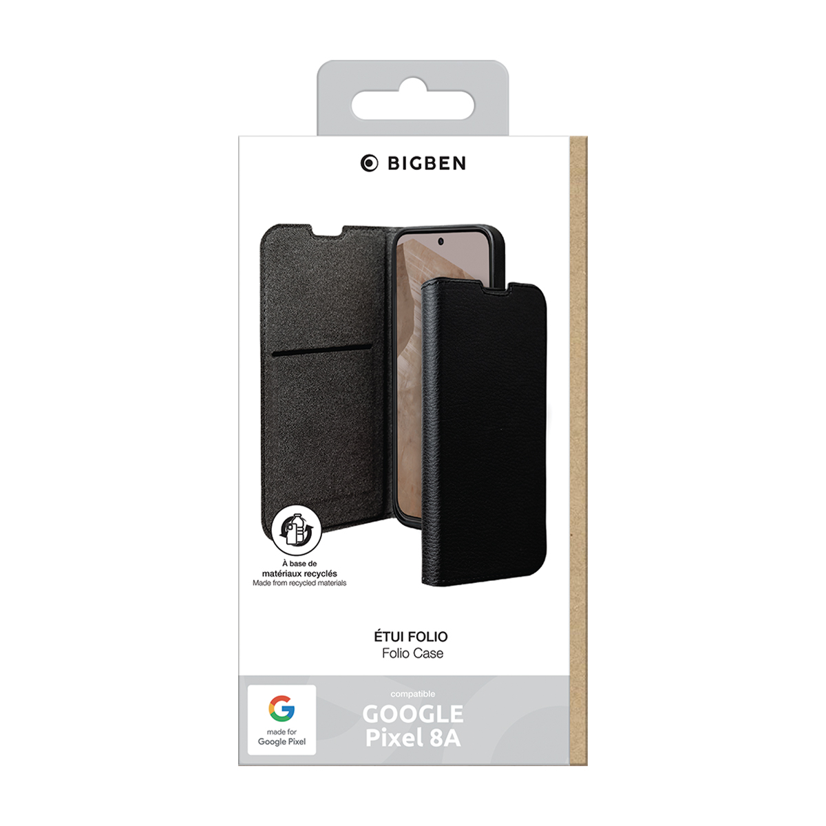 Custodia a libro nera per Google Pixel 8A, realizzata con materiali riciclati.