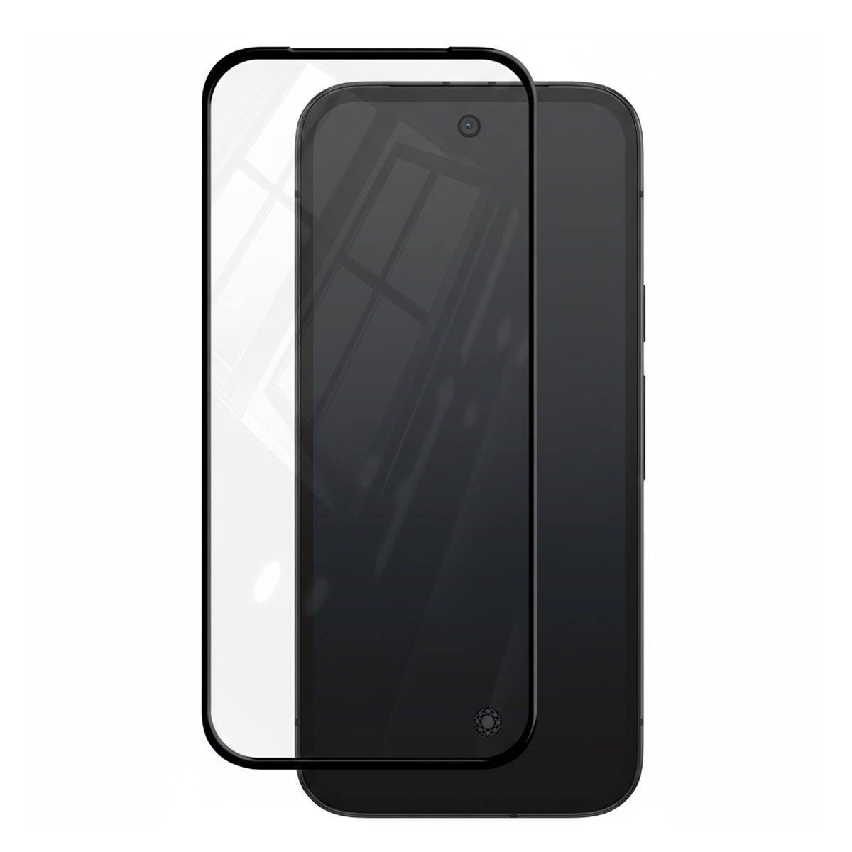 Un smartphone noir avec un protecteur d'écran transparent par-dessus.