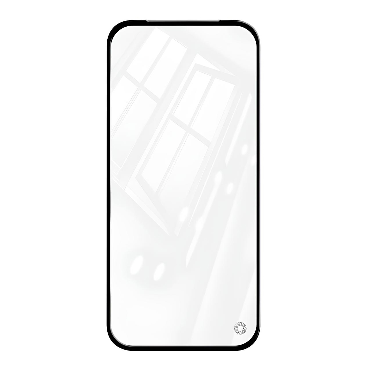Écran de smartphone noir avec reflet de fenêtre et petite icône de gemme en bas à droite.
