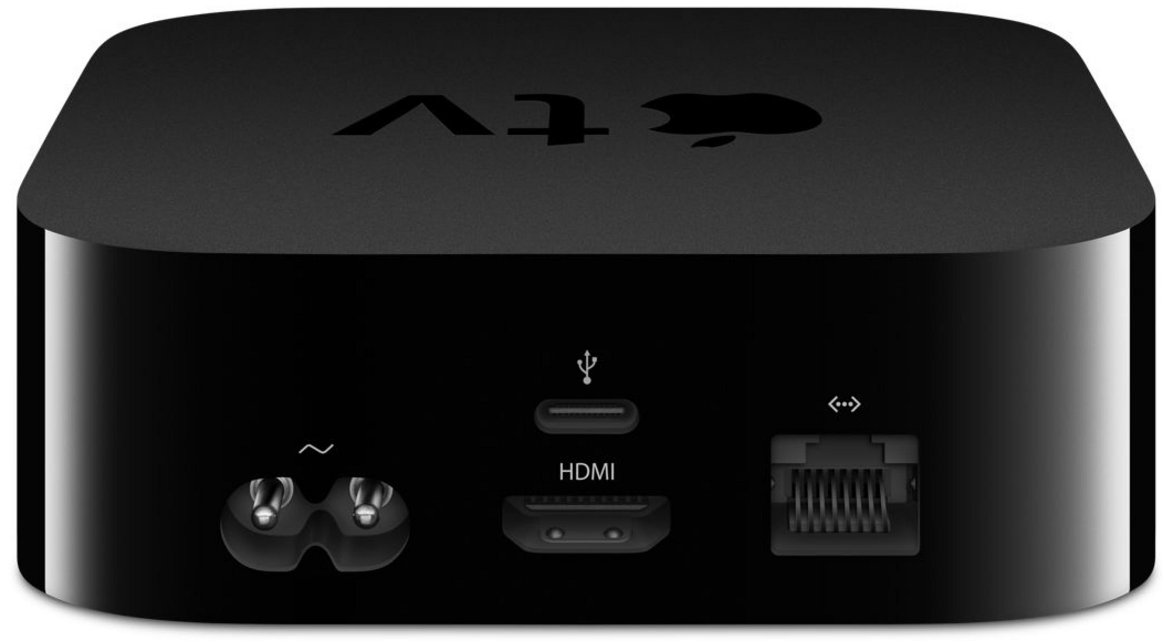 Schwarzes Apple TV-Gerät mit Anschlüssen: Strom, USB-C, HDMI und Ethernet.