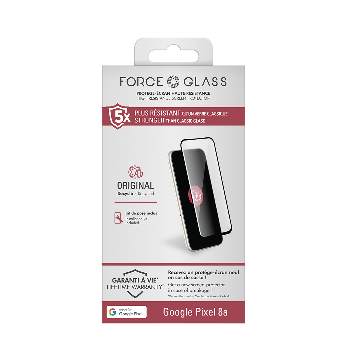 Emballage d'un protecteur d'écran FORCE GLASS pour Google Pixel 8a.