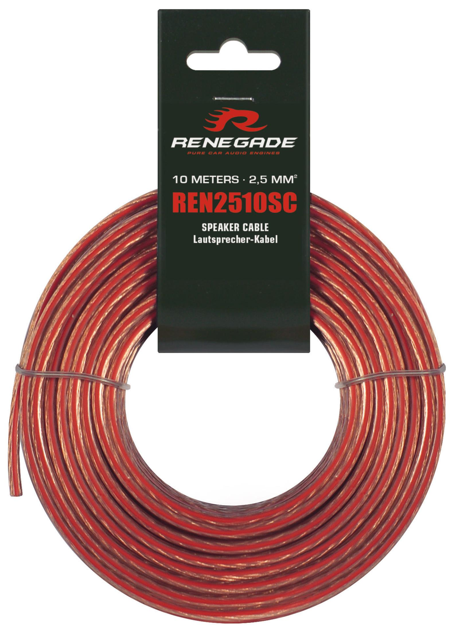 Rotes und kupferfarbenes Lautsprecherkabel aufgerollt mit schwarzem Renegade-Etikett.