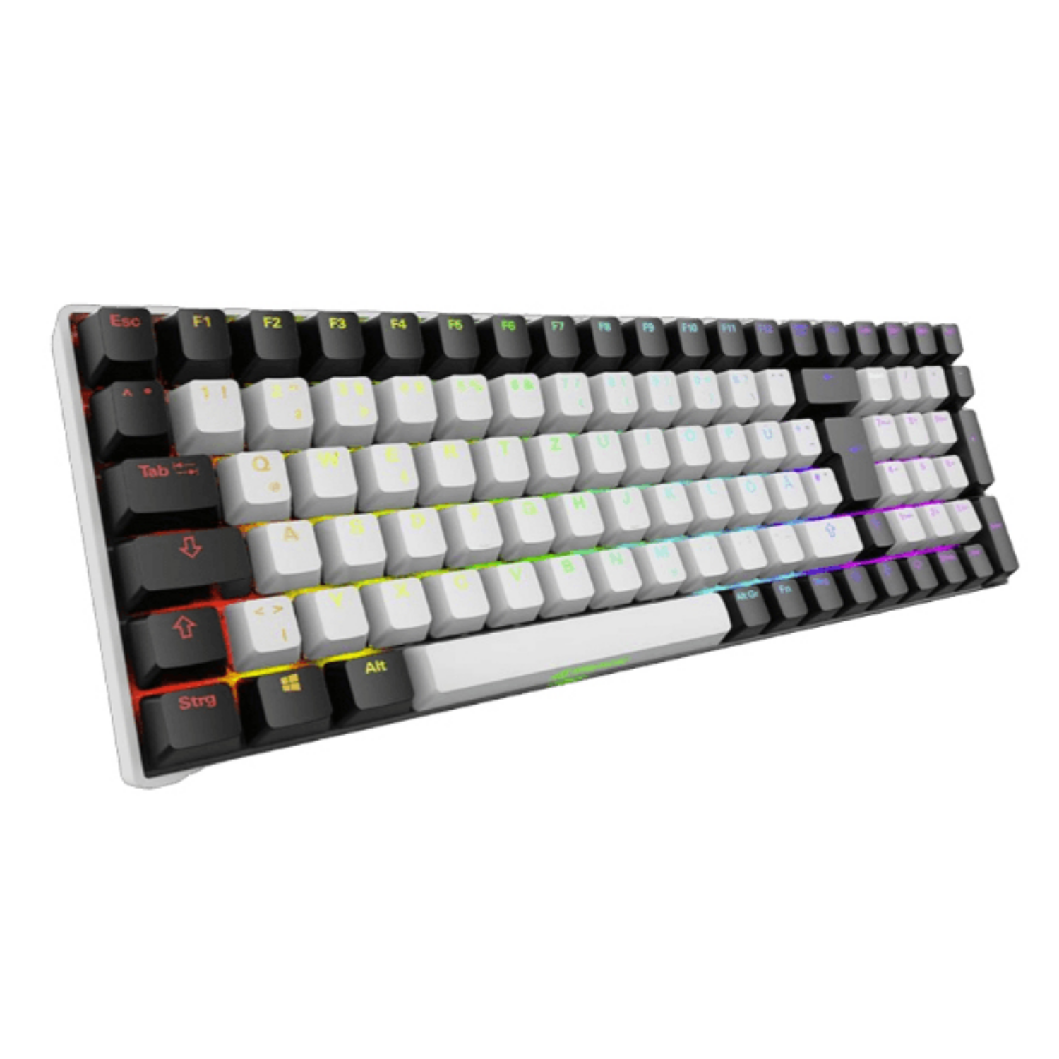 Una tastiera bianca e nera con illuminazione RGB e vari simboli.