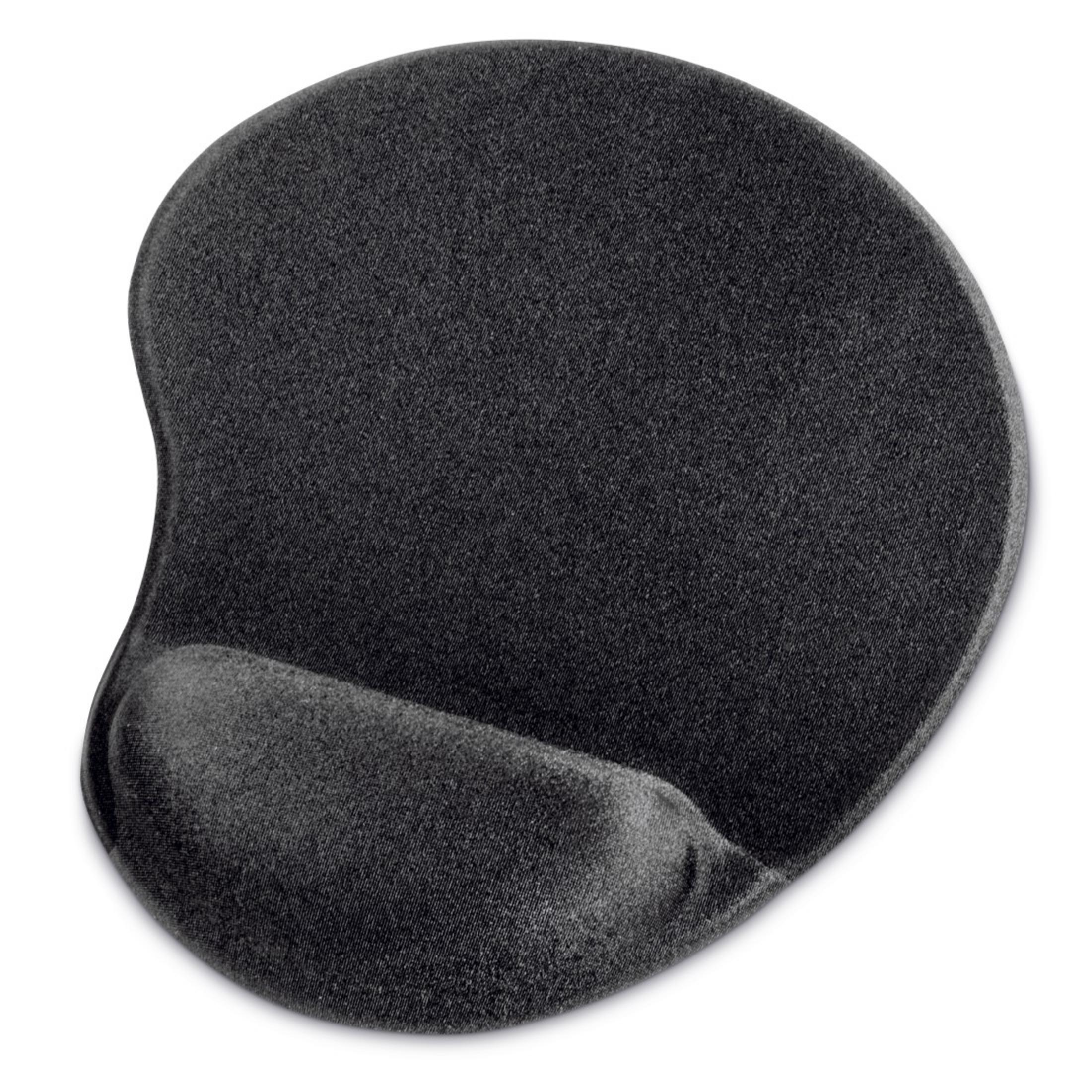 Eine dunkle, ergonomische Handballenauflage für eine Maus auf weißem Hintergrund.