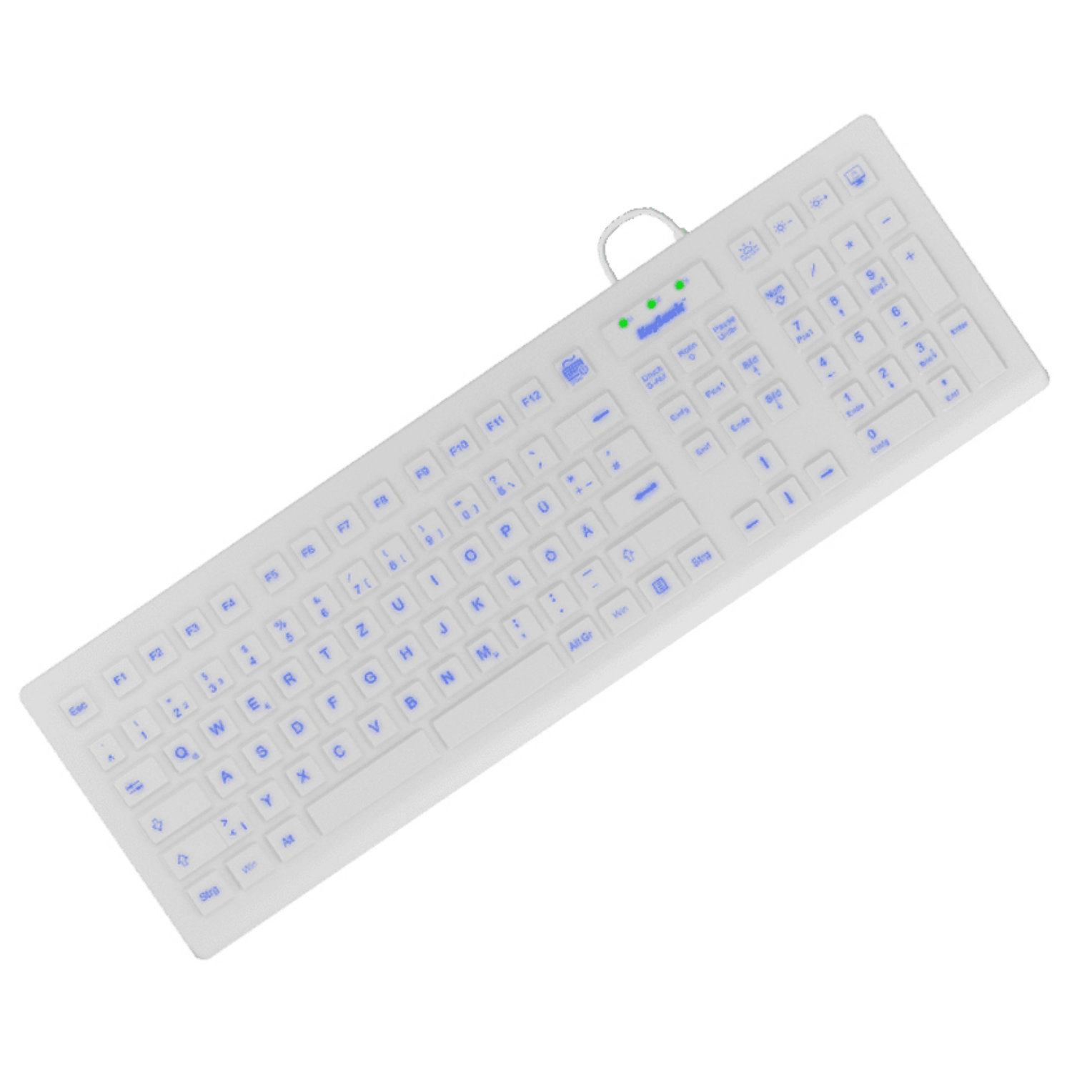 Una tastiera bianca con etichette blu sui tasti e tre LED verdi.