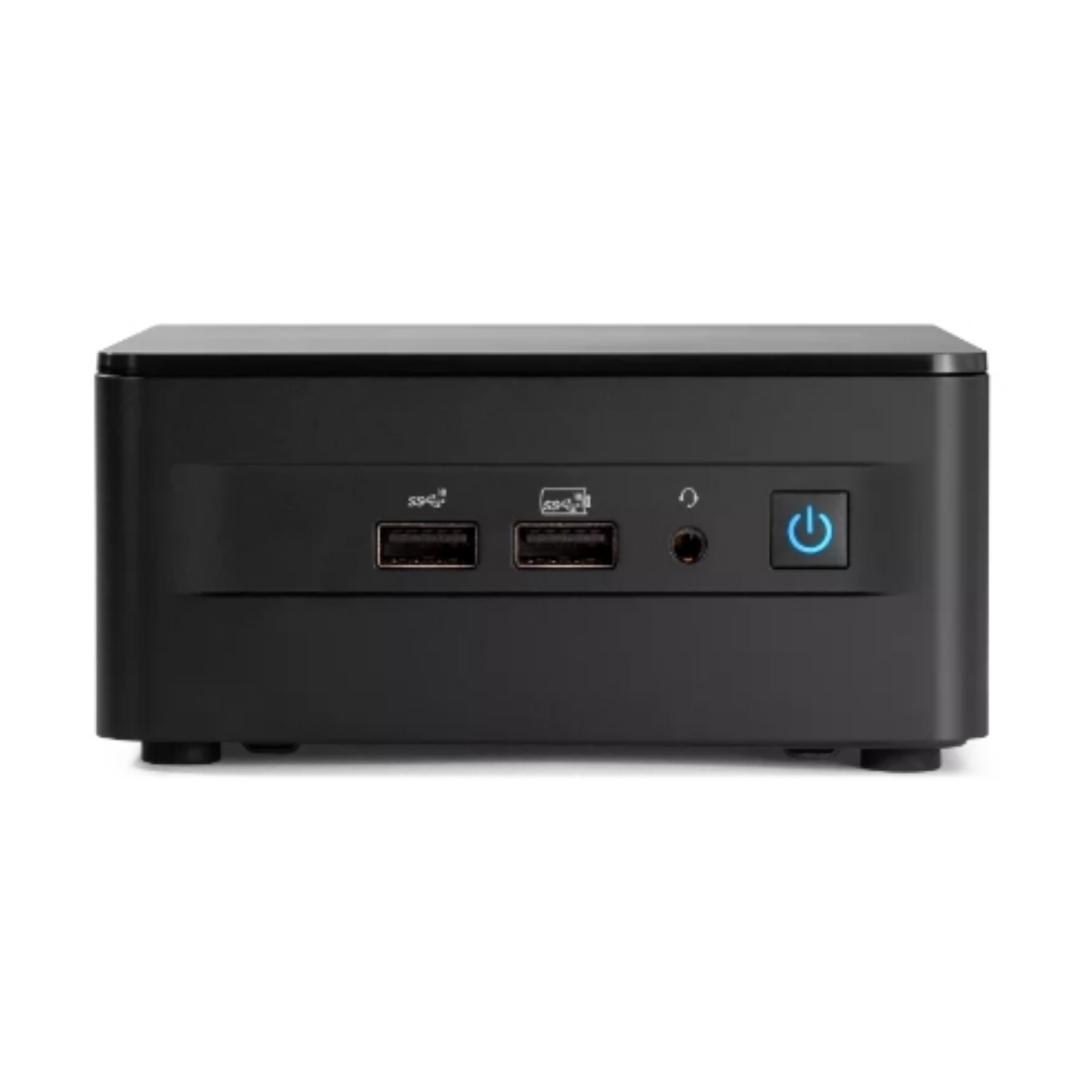 Mini PC negro con puertos USB, conector de auriculares y botón de encendido.