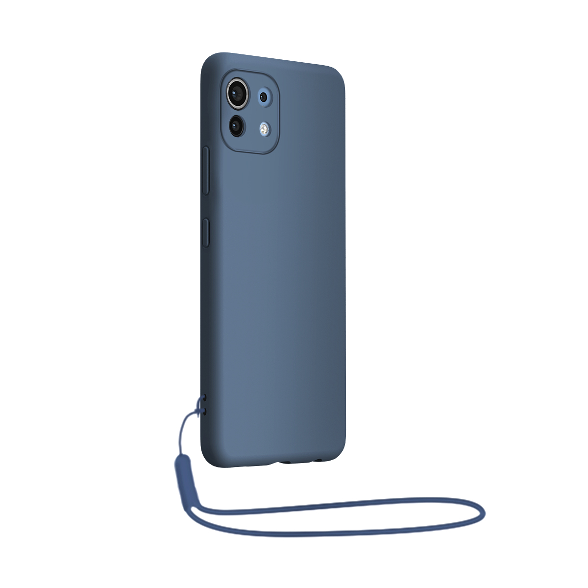 Un cellulare blu con cinturino, isolato su sfondo bianco.