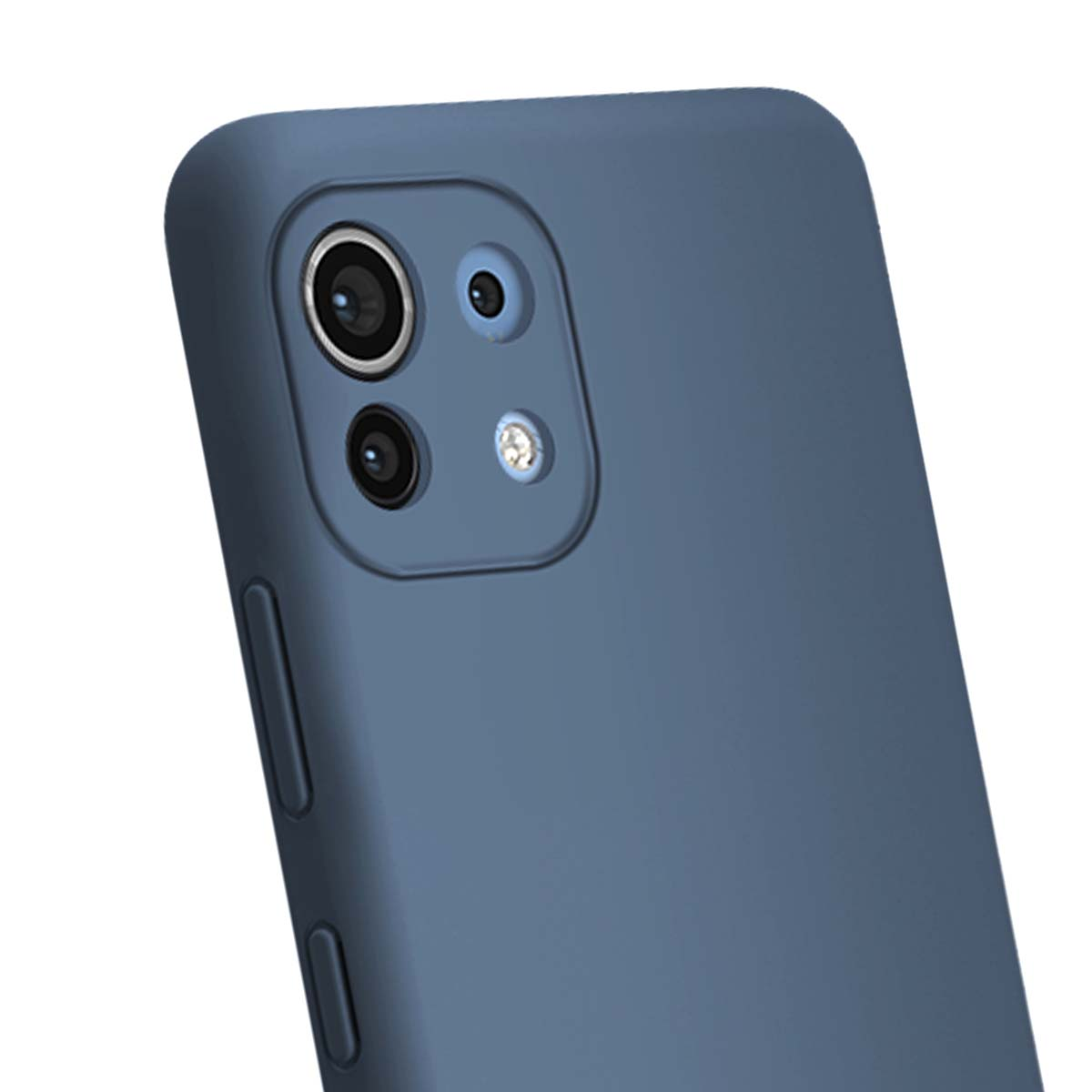 Una cover blu per telefono con modulo fotocamera, tre lenti e flash.