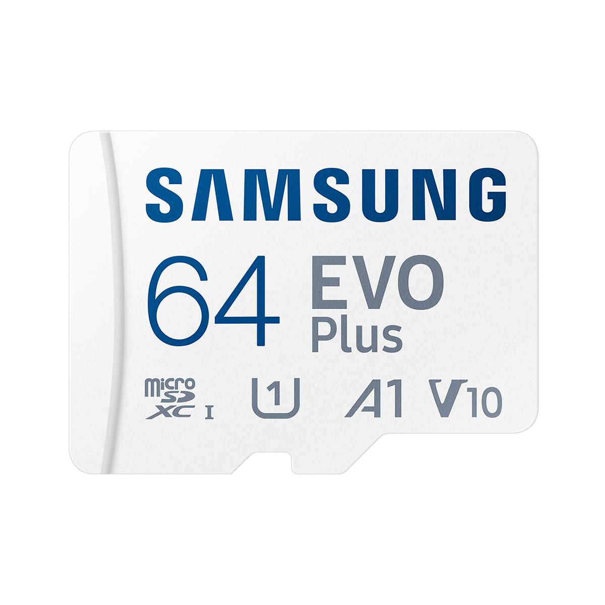 Tarjeta Samsung 64 GB EVO Plus Micro SDXC con marcas U1, A1, V10.