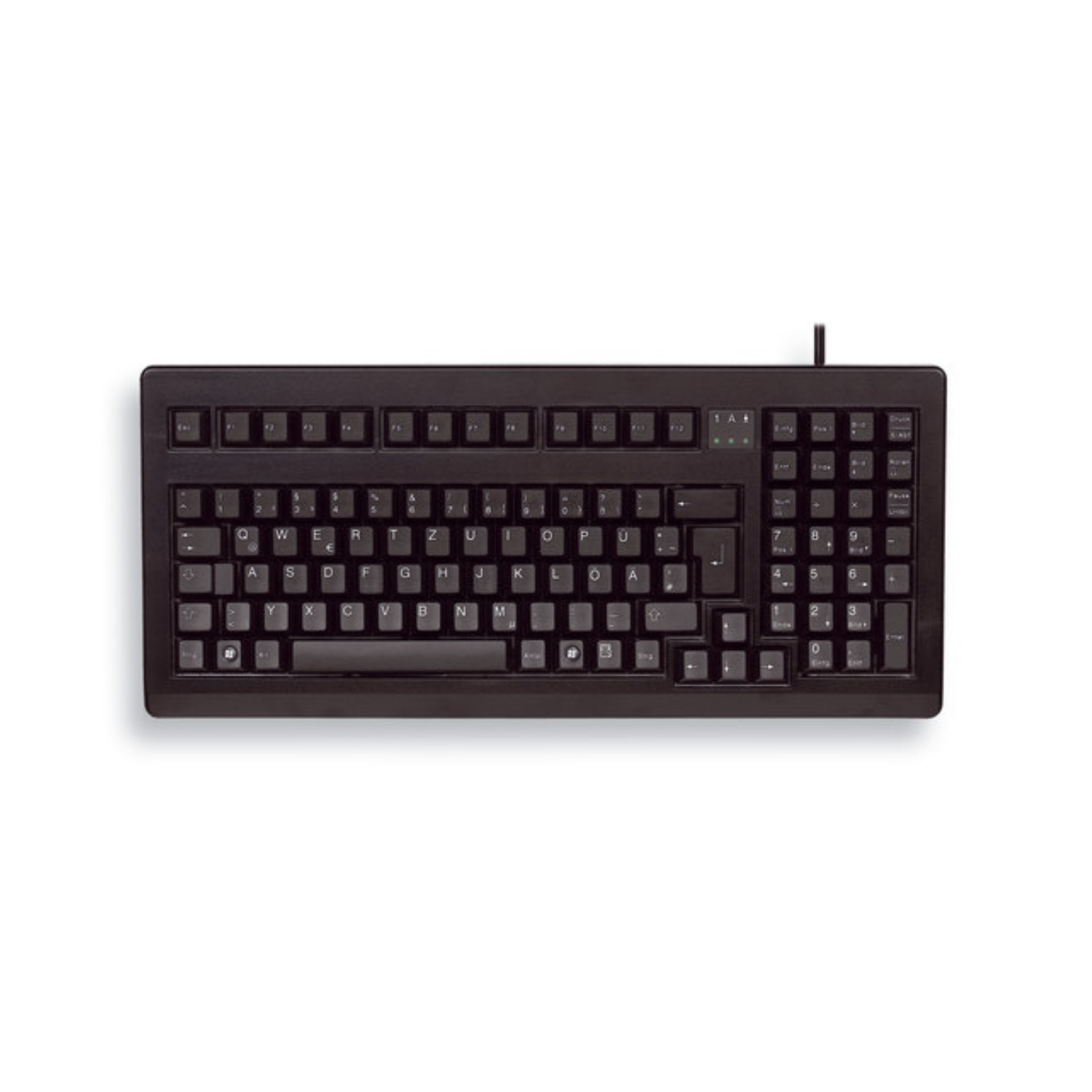 Una tastiera nera per computer con layout QWERTZ.