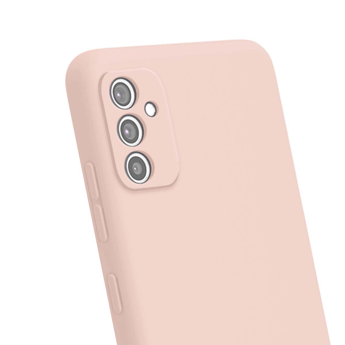 Una custodia per telefono color pesca con tre obiettivi e un flash.