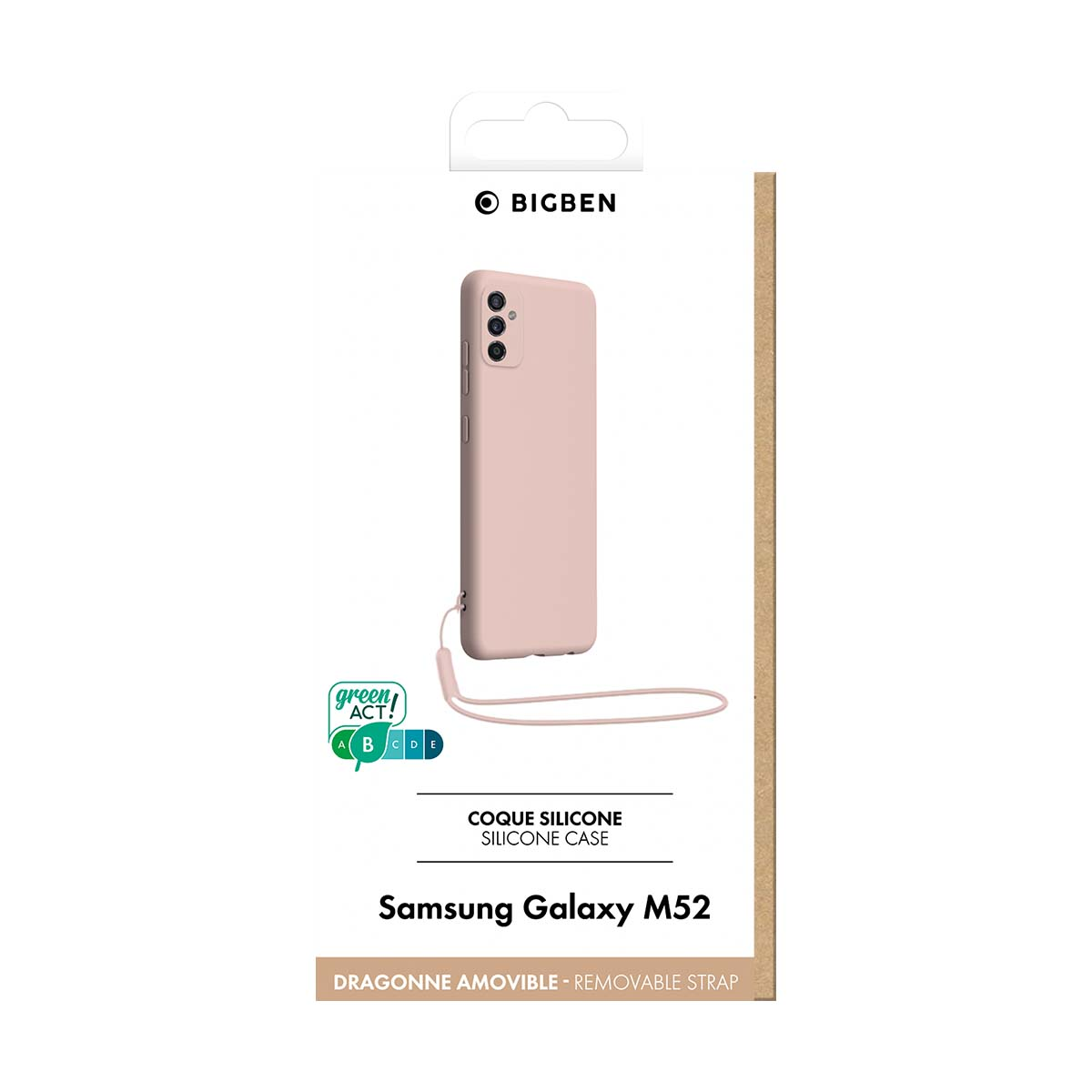 Una custodia in silicone rosa per Samsung Galaxy M52 con cinturino.