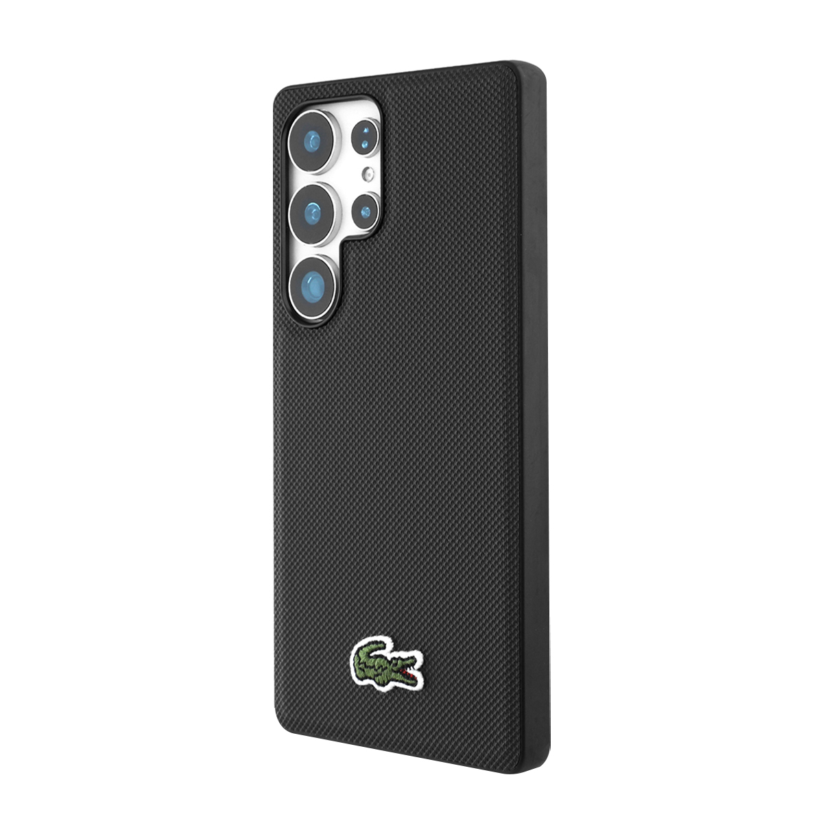 Funda negra para teléfono con logo de cocodrilo y recorte de cámara.