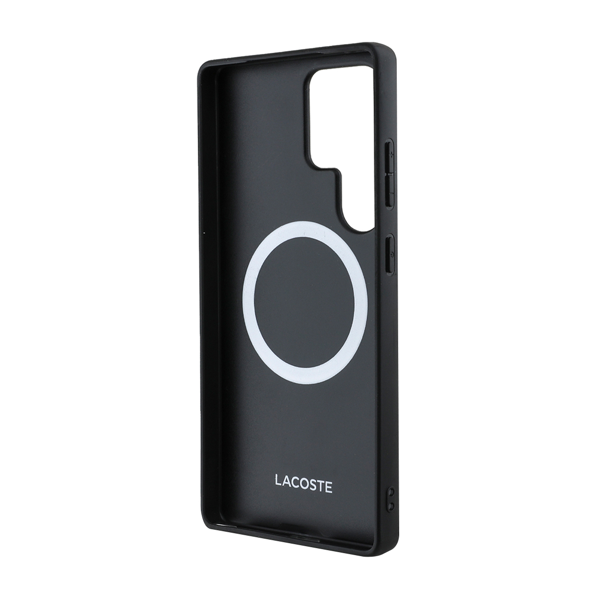 Funda negra para teléfono con círculo blanco y logo Lacoste.