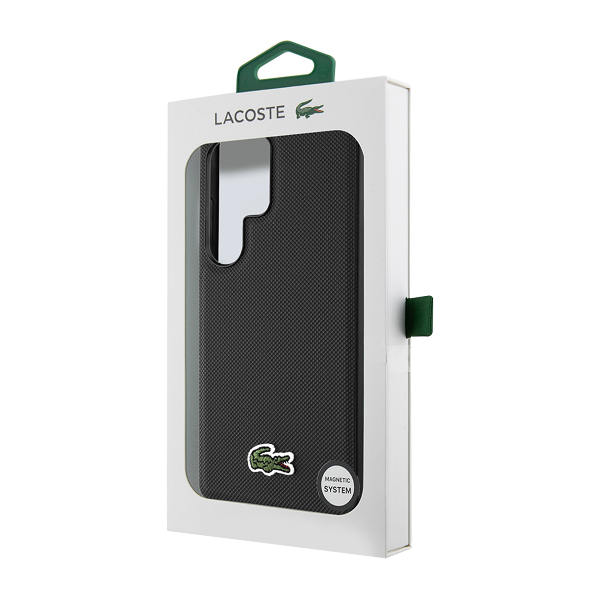 Funda negra Lacoste con logo de cocodrilo y sistema magnético.