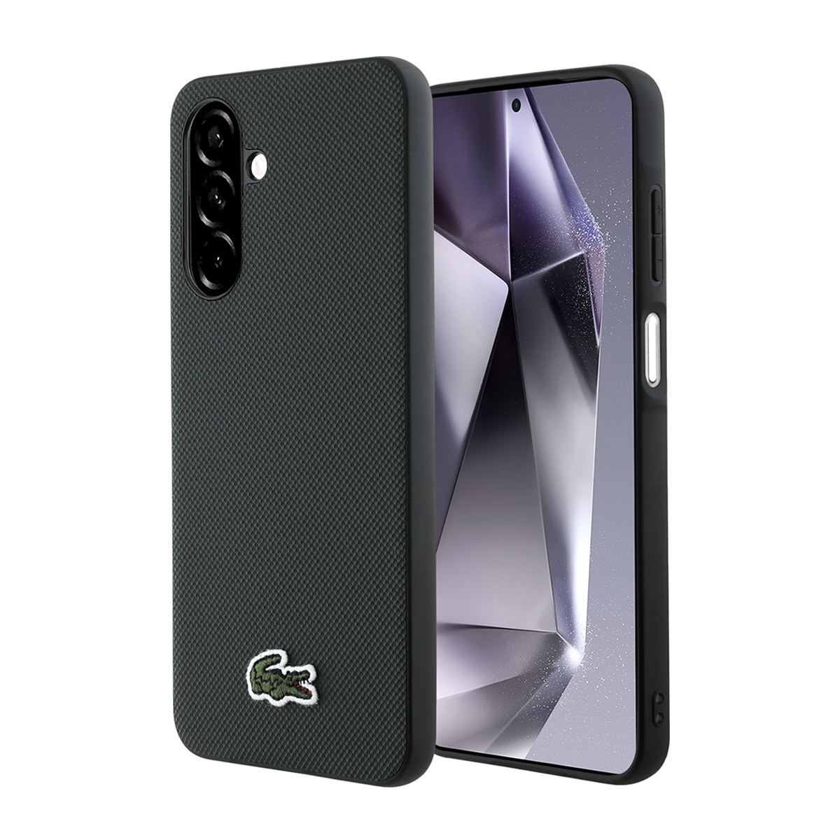 Funda gris oscura con logo de cocodrilo, junto a un smartphone.
