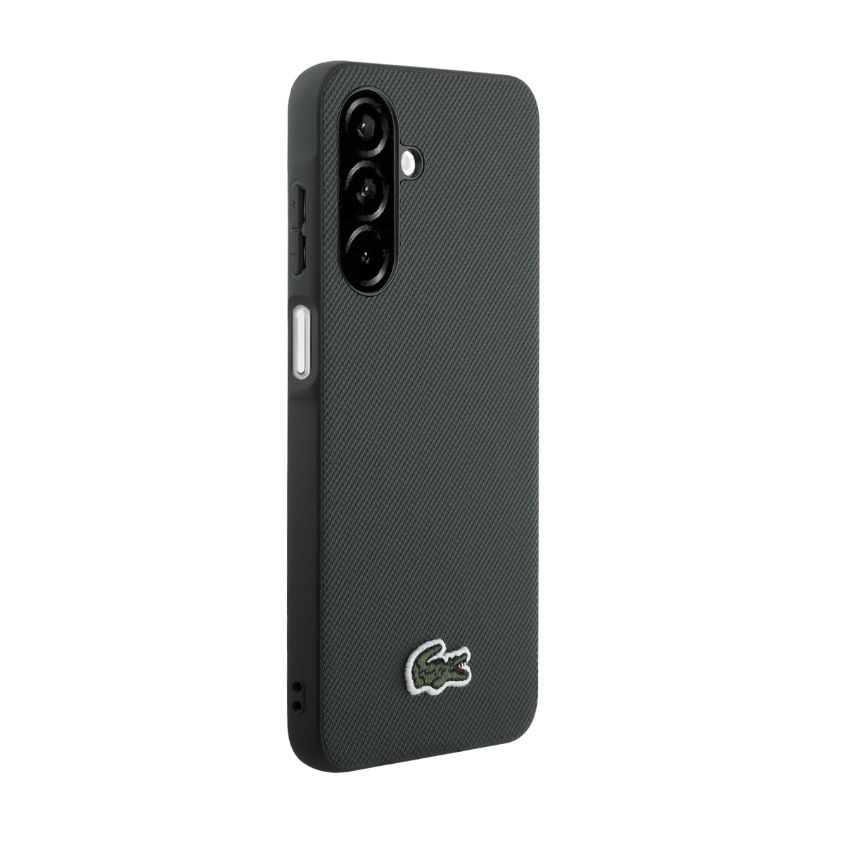 Funda de teléfono gris oscuro con logo de cocodrilo, tres lentes de cámara y botones.