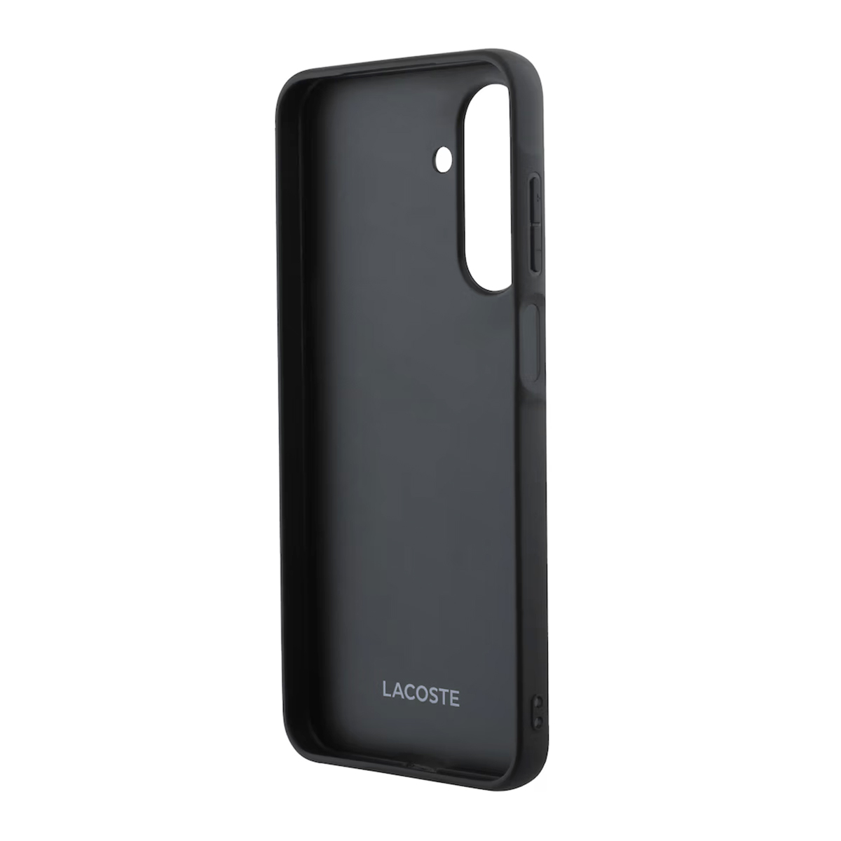 Funda de teléfono negra con logo de Lacoste en la parte trasera.