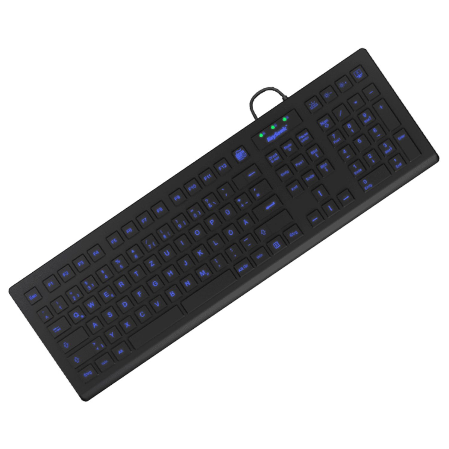 Schwarze Tastatur mit blauen beleuchteten Tasten, ausgestellt auf weißem Hintergrund.