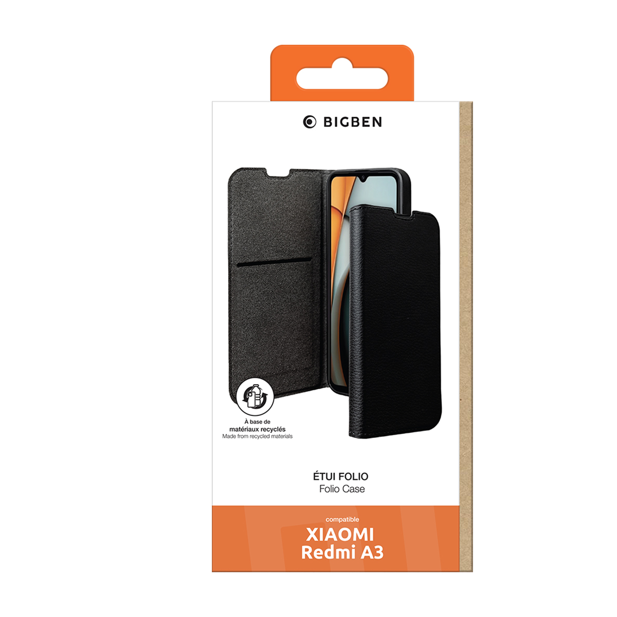 Custodia a libro nera per Xiaomi Redmi A3 su confezione logo BIGBEN.