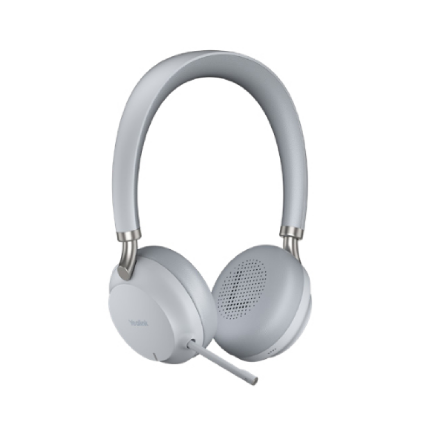 Cuffie Yealink grigie con microfono e accenti argentati.