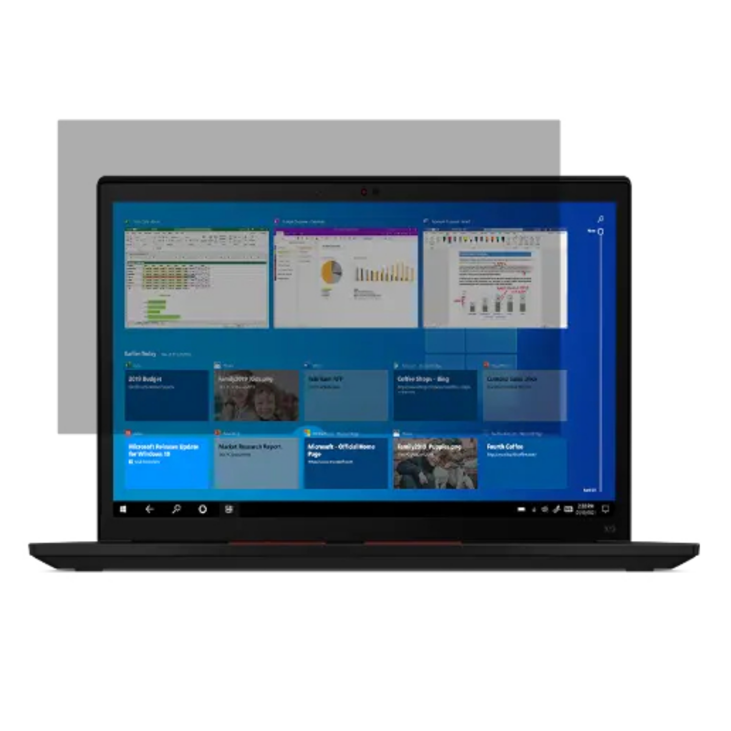 Portátil negro mostrando interfaz de Windows 10 con varias apps y ventanas abiertas.