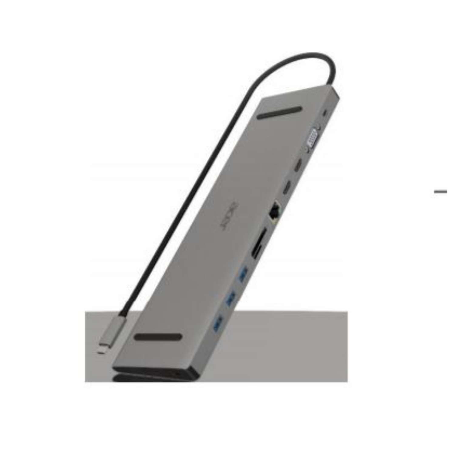 Grijze Acer USB-C hub met poorten en kabel.
