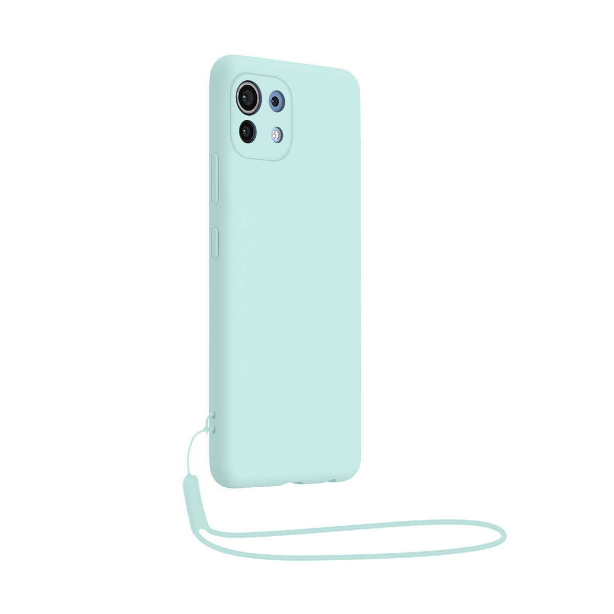 Cover azzurra per telefono con sistema di fotocamere e laccetto su sfondo bianco.
