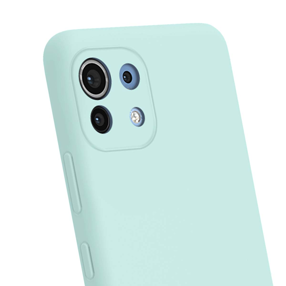 Custodia azzurra per telefono con obiettivo e flash.